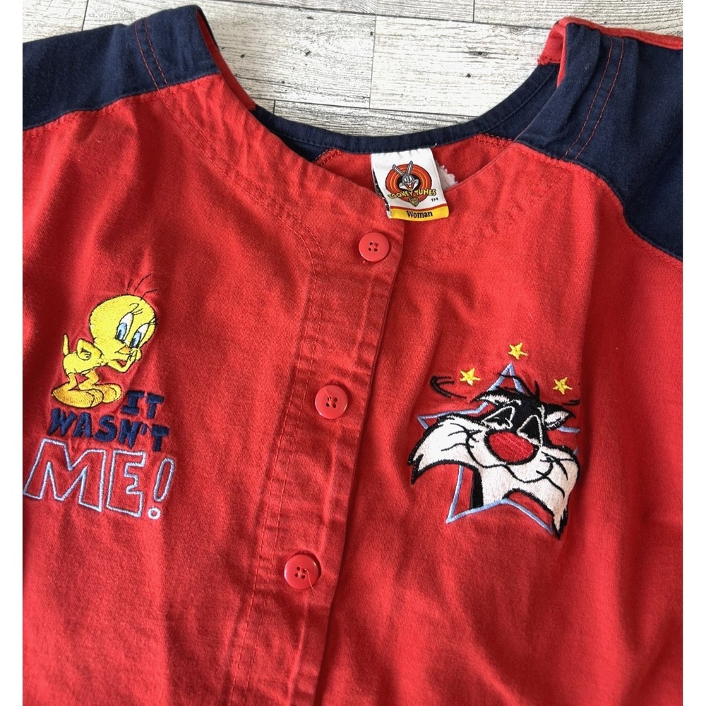 Vintage Looney Tunes Jersey XXL Orange Navy Embroidered Tweety Bird Taz Buttonup